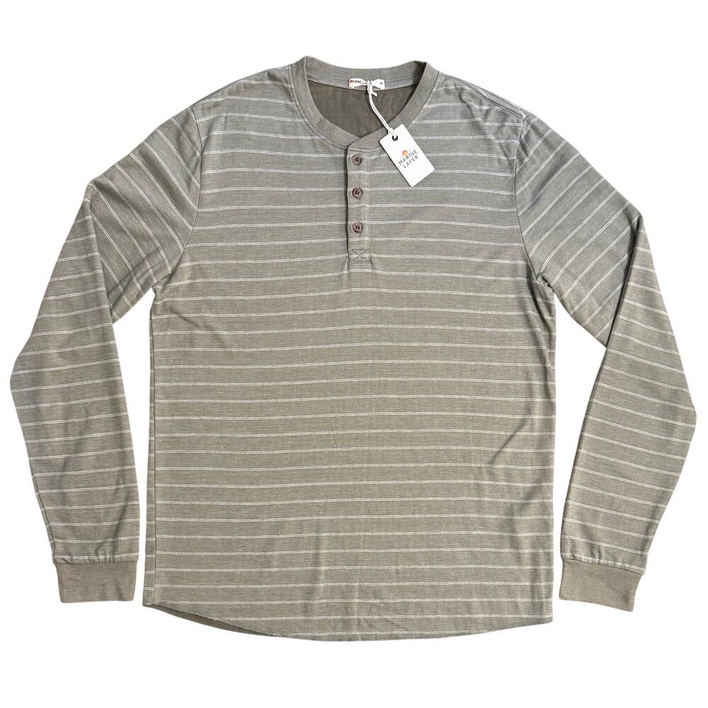 Marine Layer Augusta Double Knit Henley Striped Dusty Olive Outdoor Men's Medium